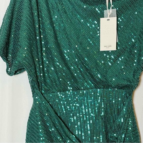 Grace Karin Emerald Green Sequin Asymmetrical Wrap Dress NWT Women’s Medium - Picture 6 of 16